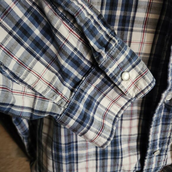 Levi's Pearl Snap Shirt Long Sleeve Blue White Red Plaid Modern Fit Mens XL - Picture 5 of 6